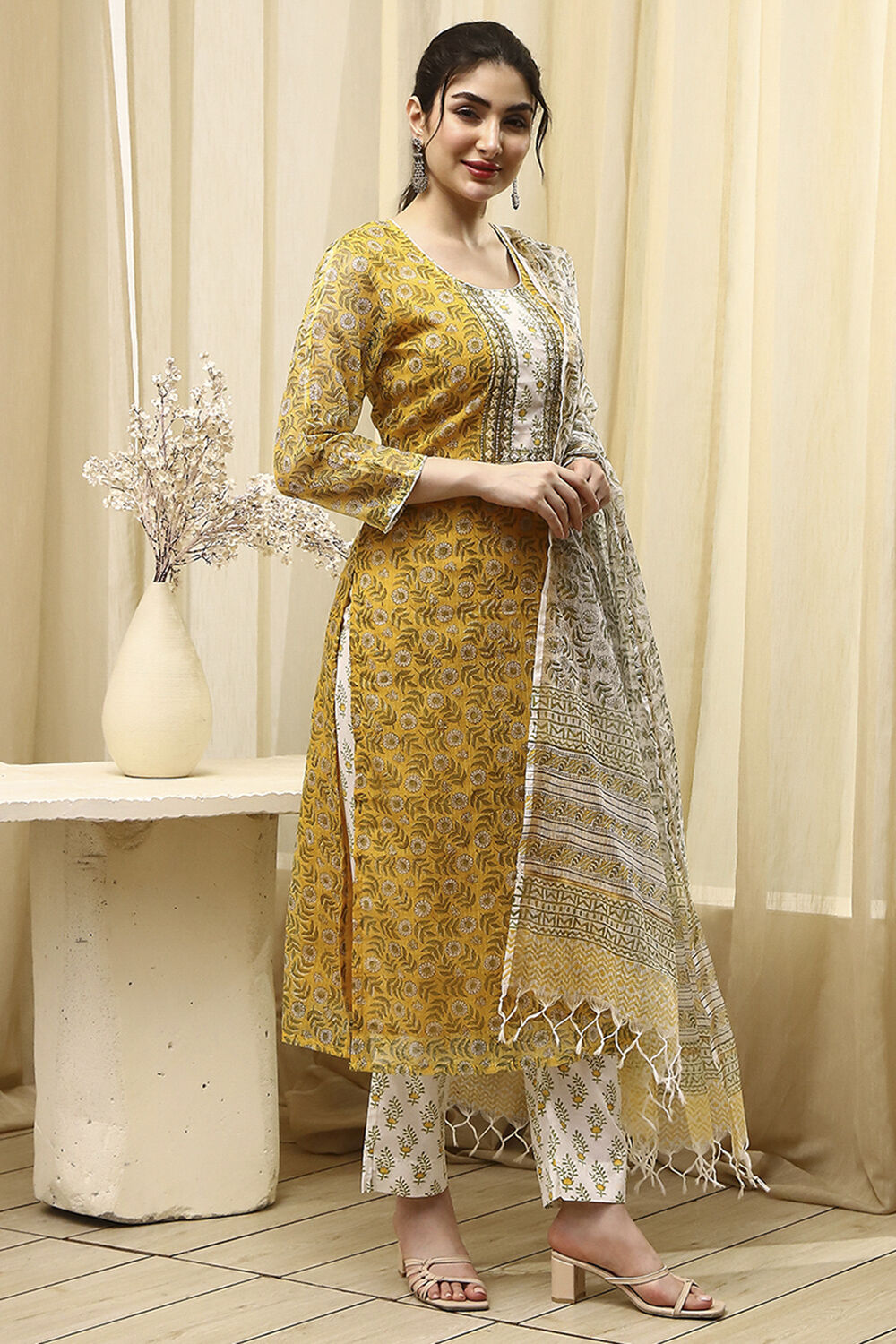 Coral Cotton Hand Block Print Unstitched Suit Set image number 7