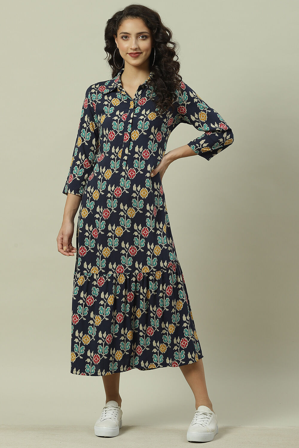 Navy Rayon A-Line Printed Dress image number 5