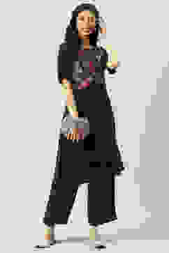 Black Printed Rayon Asymmetric Kurta Palazzo Suit Set image number 6