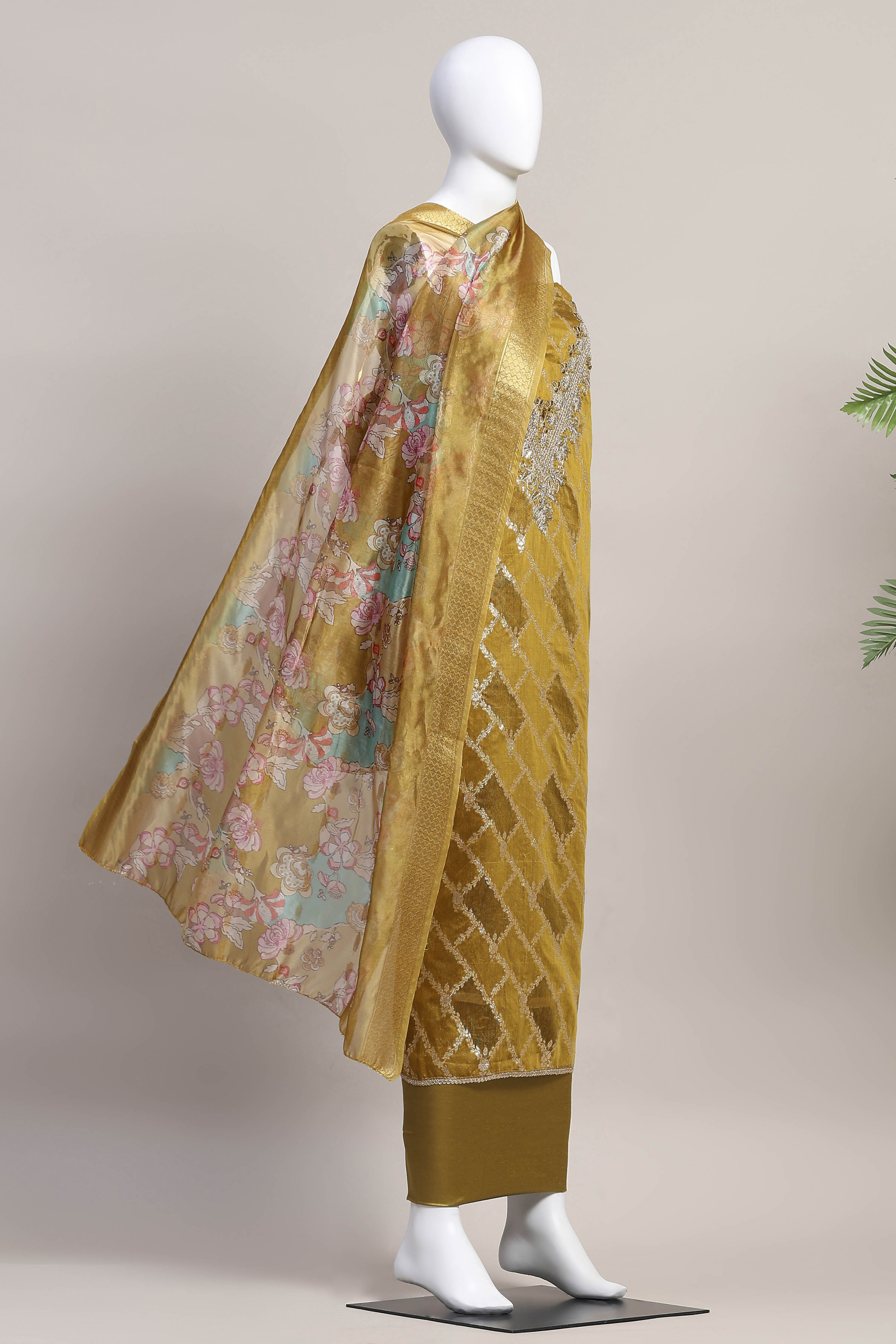 Blue Cotton Printed Embroidered Unstitched Suit Set image number 4