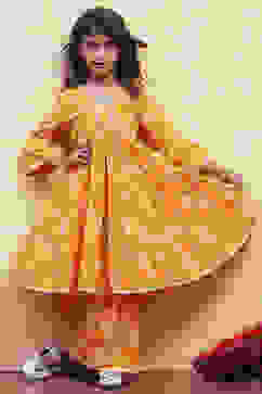 Orange Cotton Printed Tiered Kurta Set image number 0