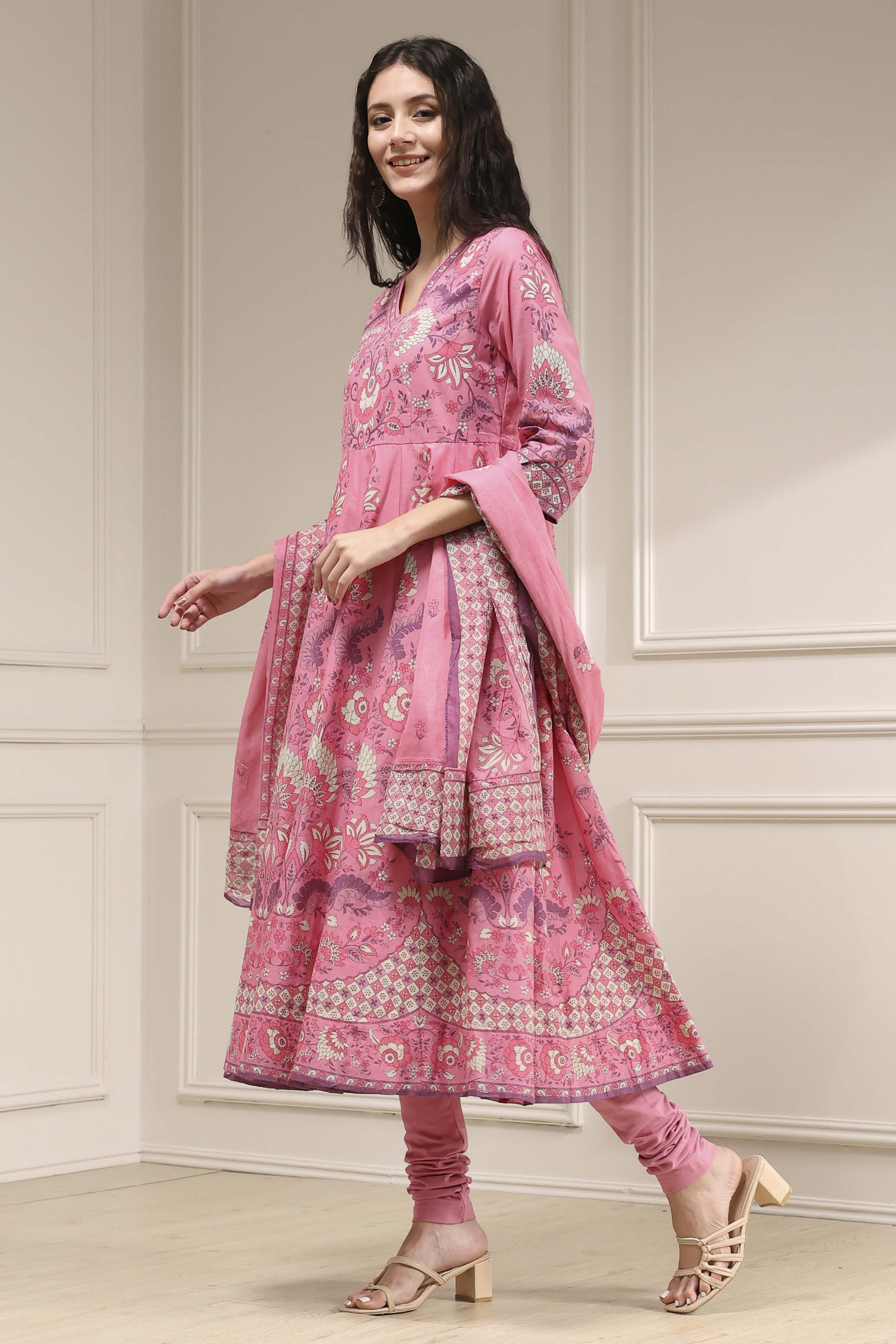 Light Pink Cotton Printed Anarkali Suit Set image number 3