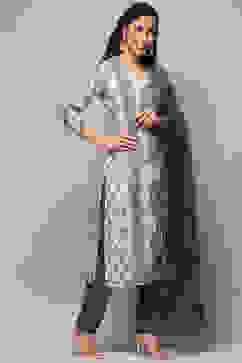 Navy Blue Chanderi Unstitched Suit set image number 7