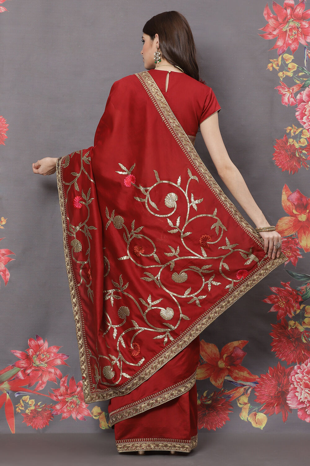 Rohit Bal Maroon Chanderi Silk Solid Saree With Blouse image number 4