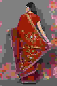 Rohit Bal Maroon Chanderi Silk Solid Saree With Blouse image number 4