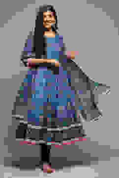 Indigo Cotton Anarkali Kurta Churidar Suit Set image number 0