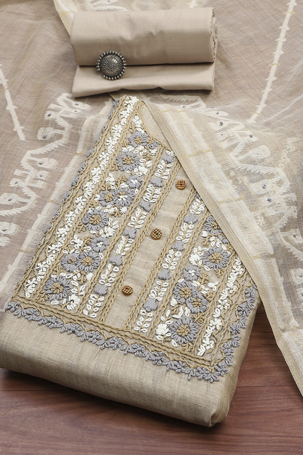 Beige Cotton Printed Embroidered Unstitched Suit Set image number 0