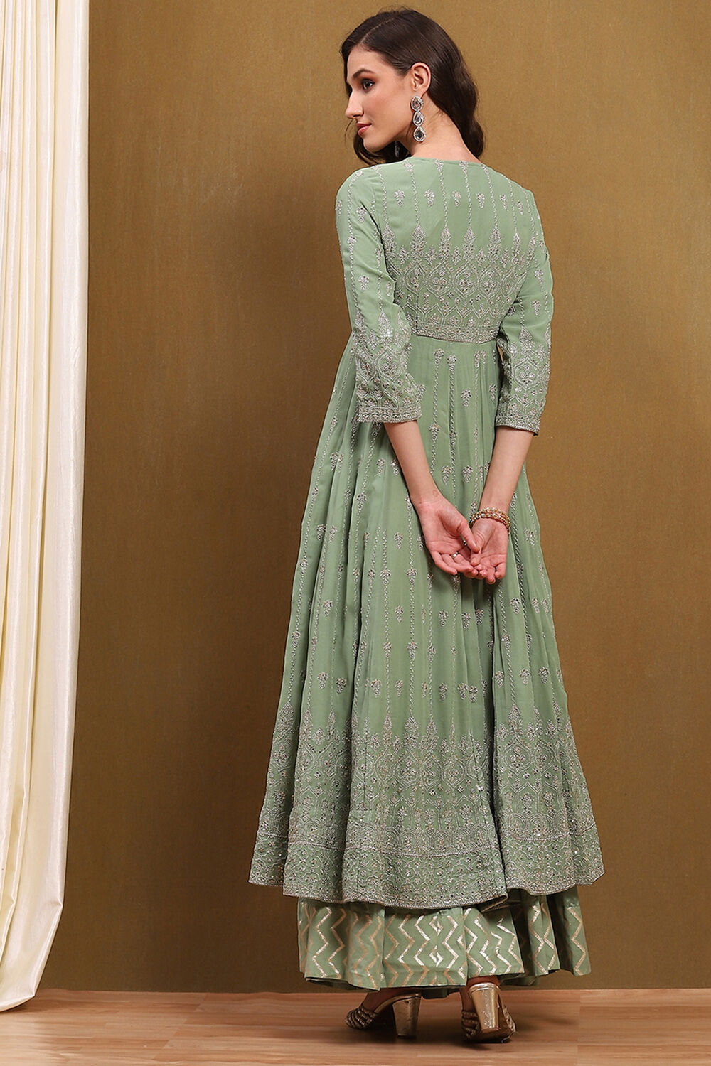 Green Viscose Georgette Embroidered Anarkali Suit Set image number 4