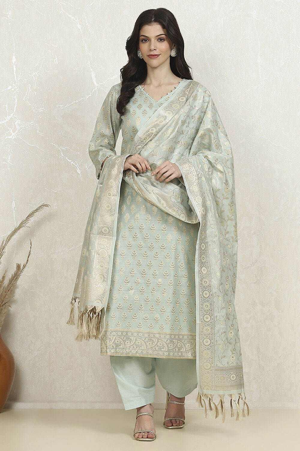 Blue Cotton Printed Embroidered Unstitched Suit Set image number 1