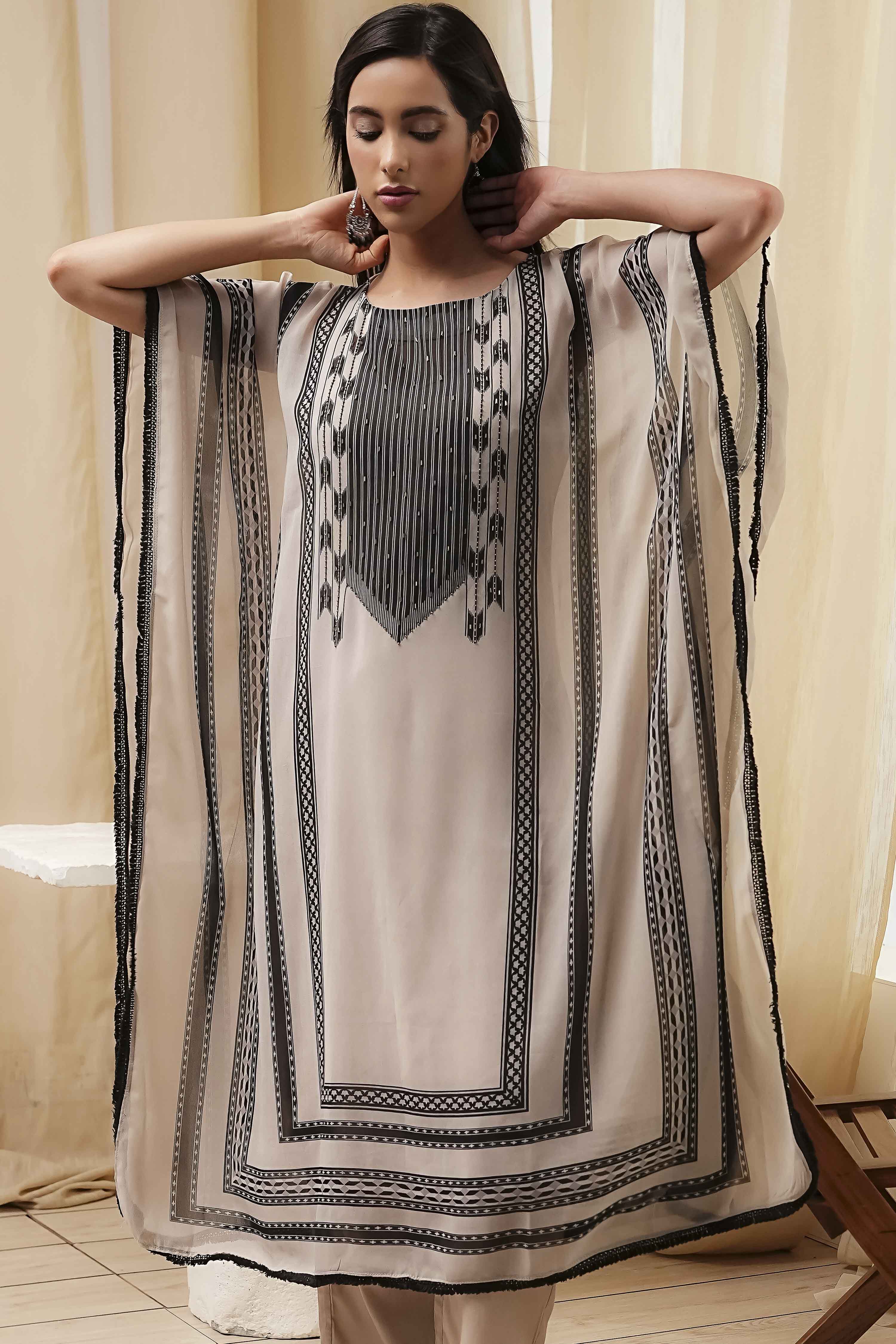 Beige and Black Printed Kaftan-Style Kurta Set image number 8