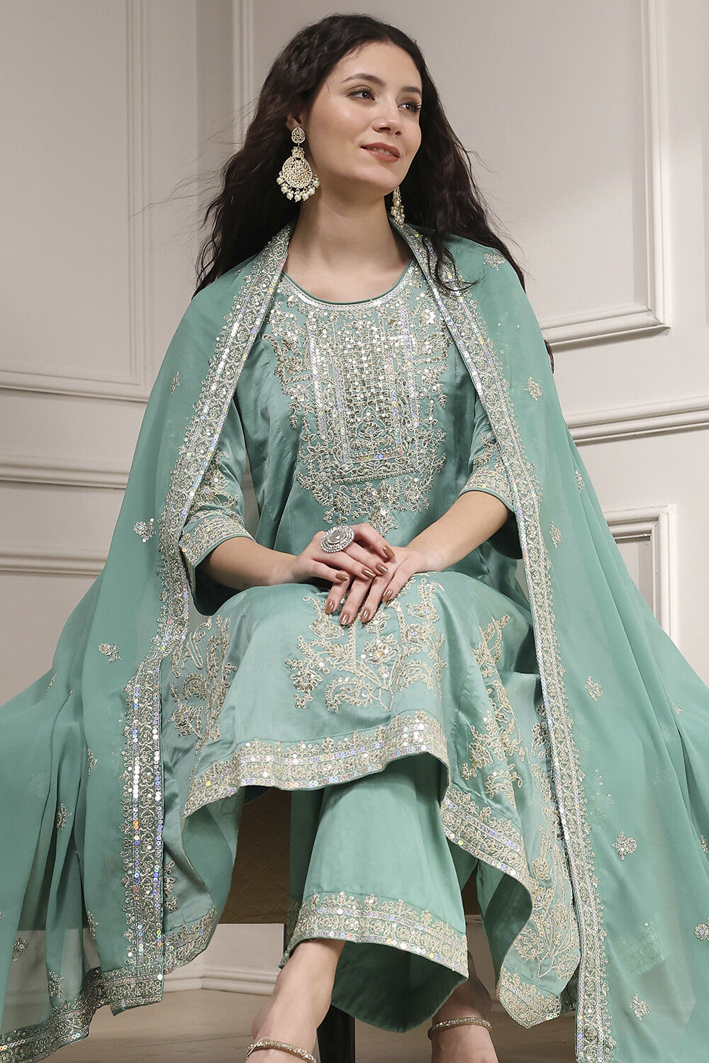 Off-White Cotton Silk Embroidered Kalidar Suit Set image number 0