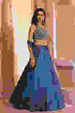 Teal Poly Dupion Silk Hand Zardozi Lehenga Set image number 5