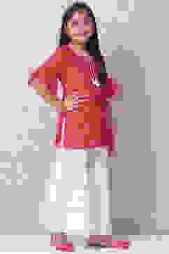 Red Art Silk Straight Kurta Sharara Suit Set image number 5