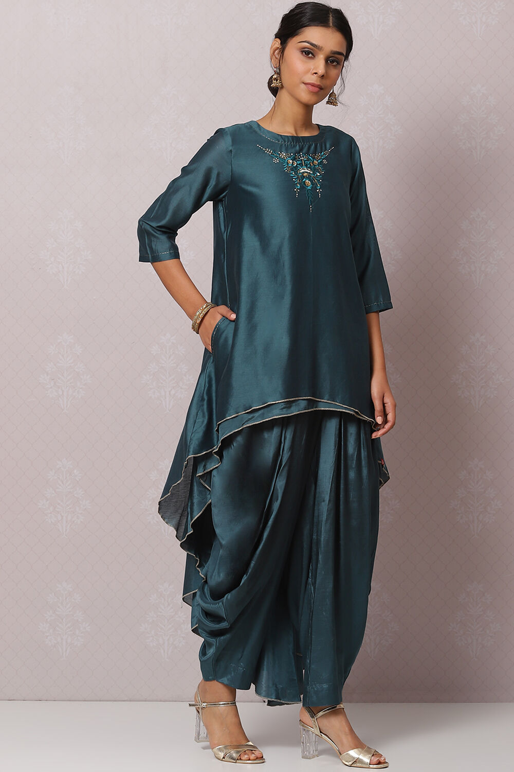 Teal Flared Cotton Silk Fusion Wear 2 Piece Set image number 3