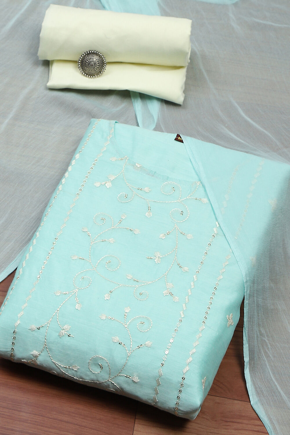 Peach Modal Satin Machine Embroidered Unstitched Suit Set image number 0