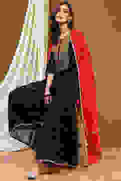 Black Embroidered Festive Straight Suit Set image number 0