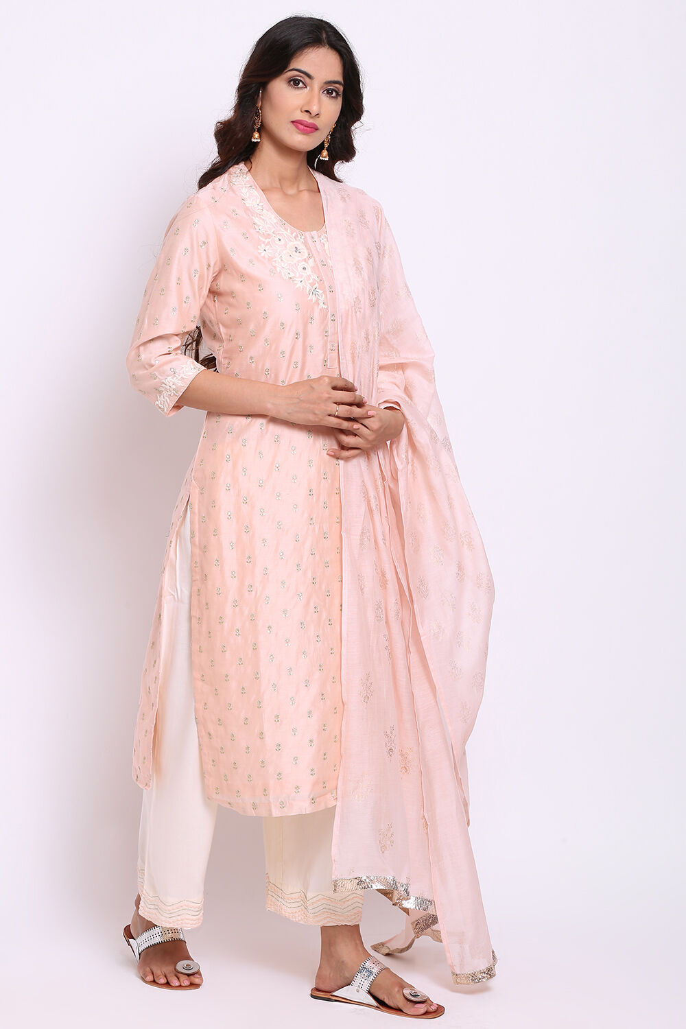 Peach Cotton Silk Straight Kurta Palazzo Suit Set image number 3