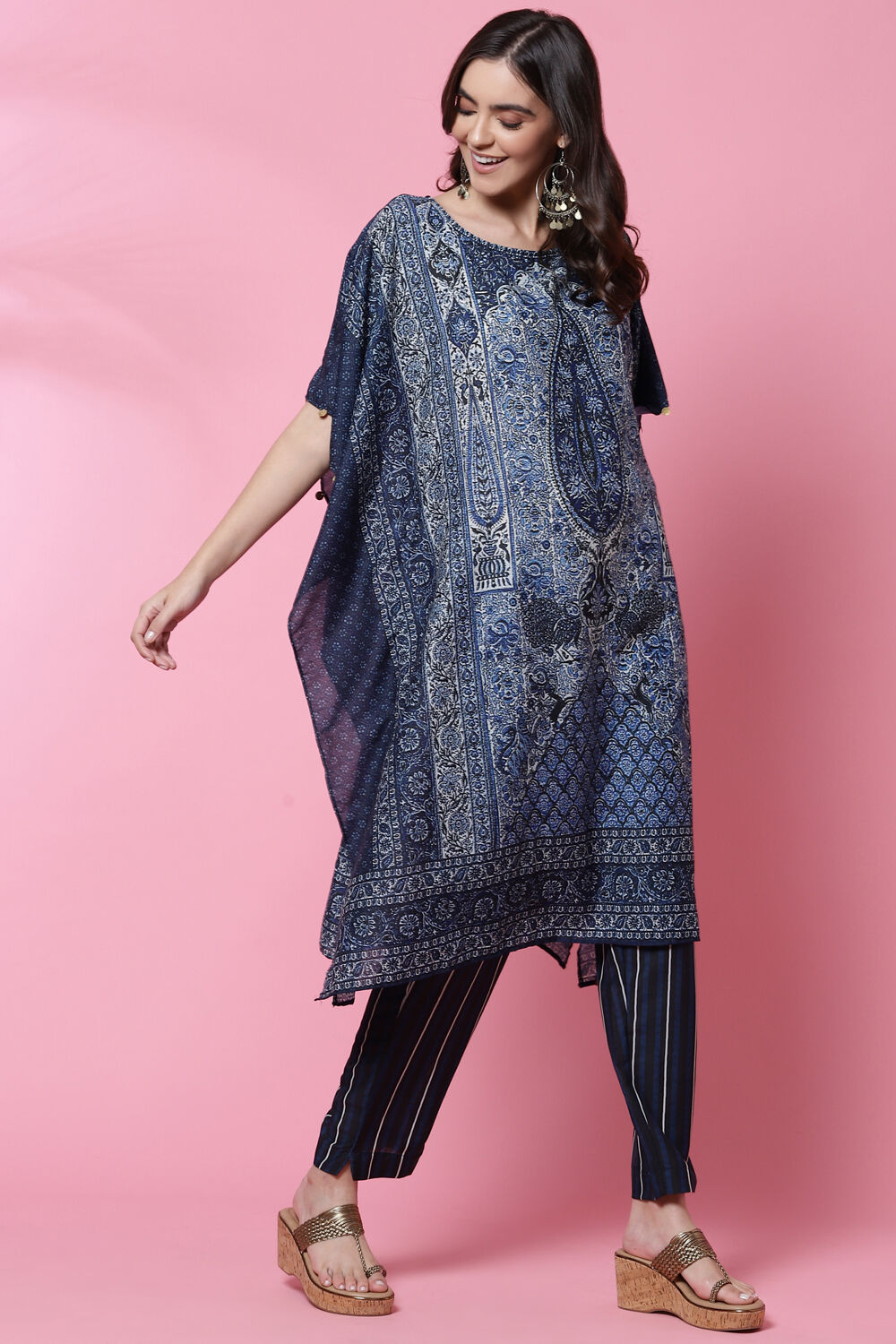 Indigo Art Silk Kaftan Set image number 3