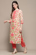 Off-white & Blue Cotton Floral Straight Kurta image number 2