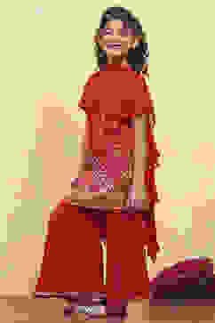 Red Viscose Rayon Printed Straight Sharara Suit Set image number 3