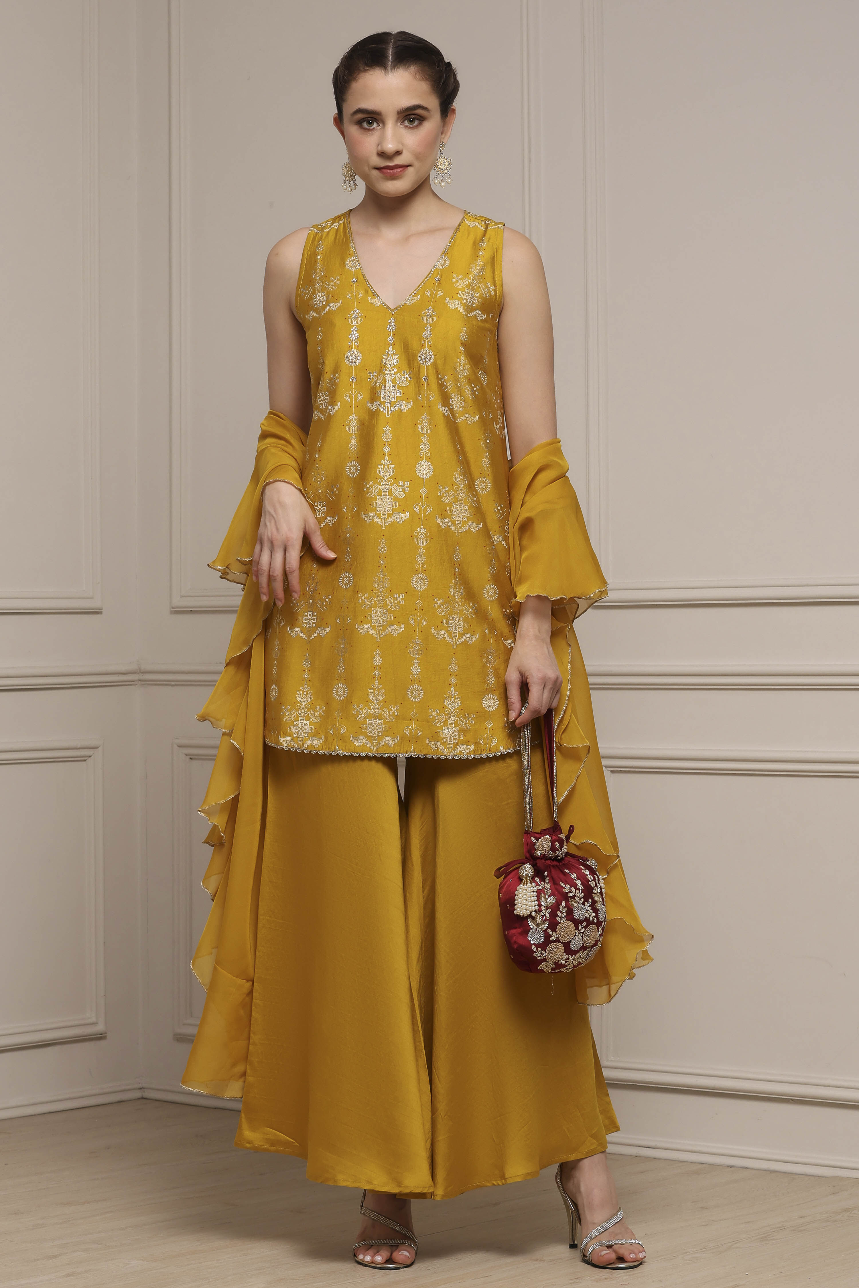 Yellow Viscose Blend A-Line Printed Garara Suit Set image number 0