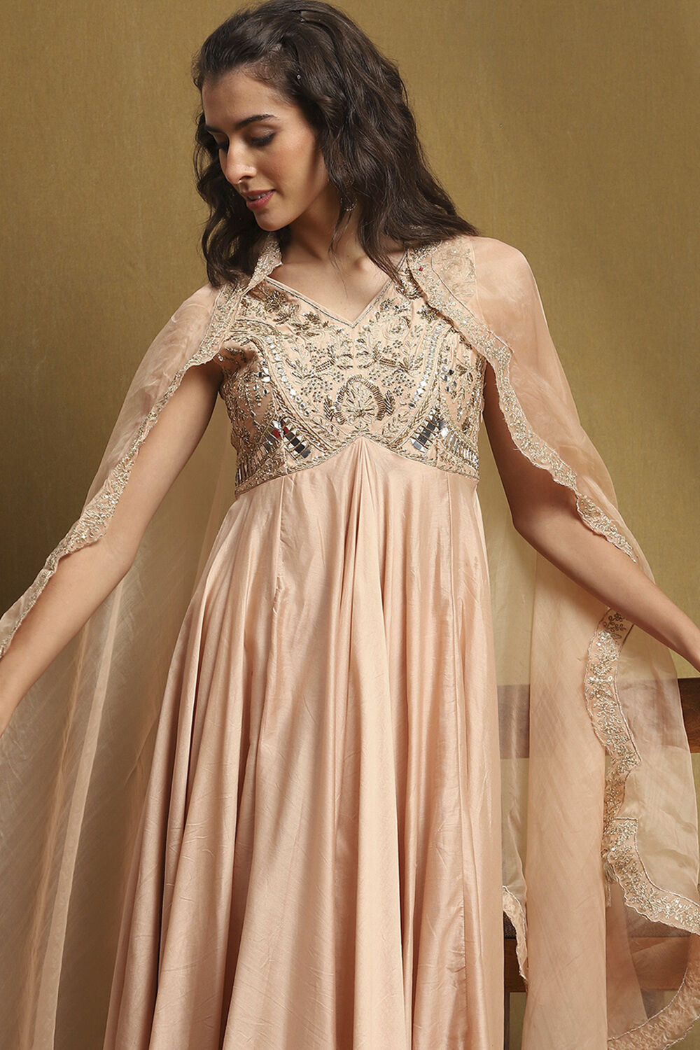 Beige Silk Chanderi Embroidered Asymmetric Suit Set image number 7