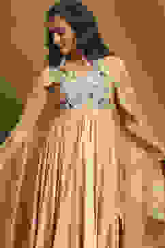 Beige Silk Chanderi Embroidered Asymmetric Suit Set image number 7