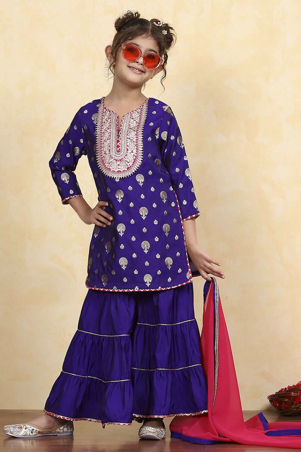 Purple Brocade Yarndyed Straight Sharara Suit Set image number 7