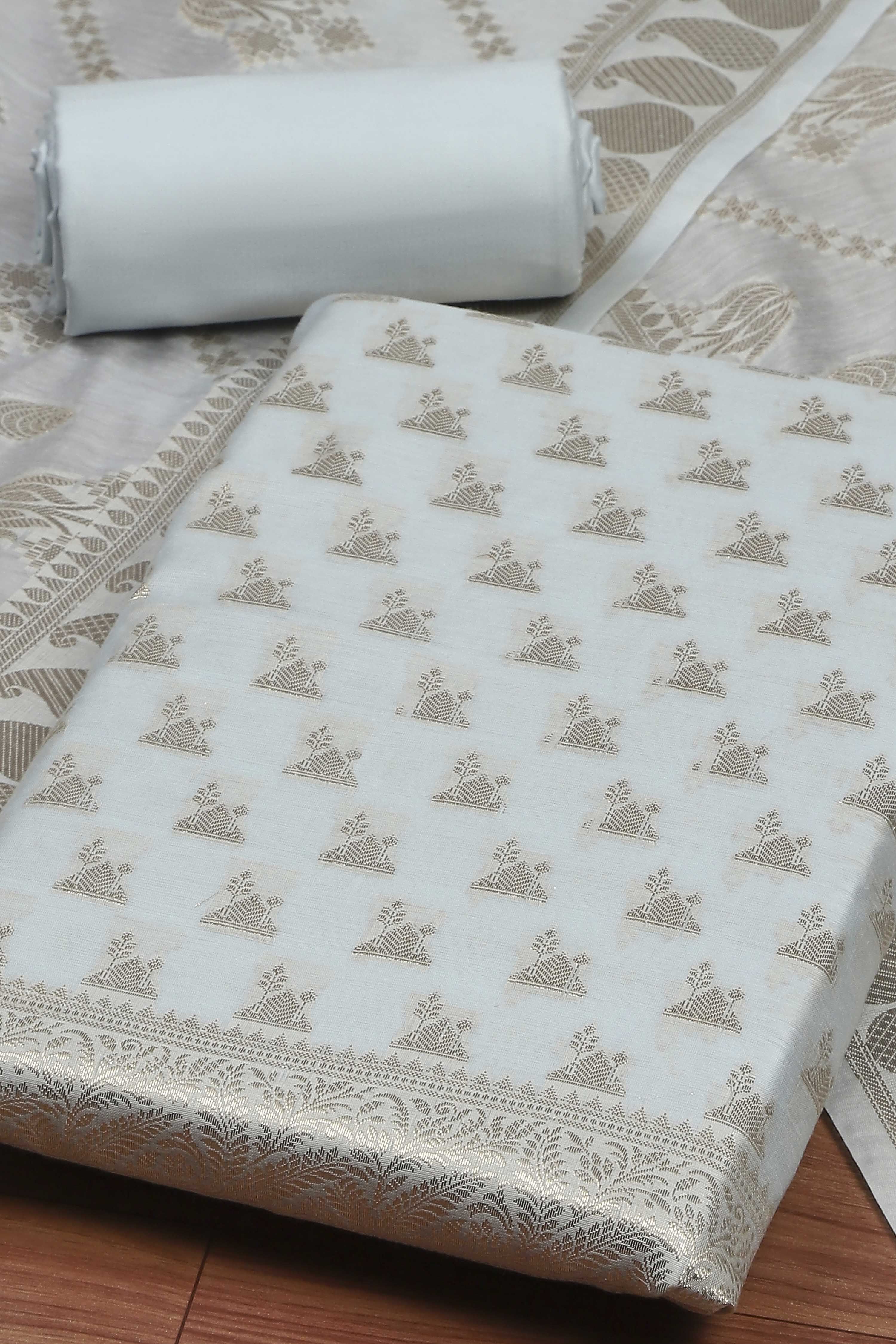 Grey Cotton Printed Embroidered Unstitched Suit Set image number 1