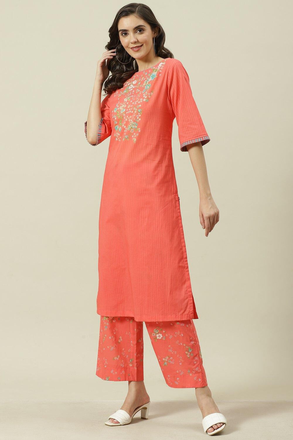 Coral Printed Cotton Straight Kurta Palazzo Suit Set image number 0