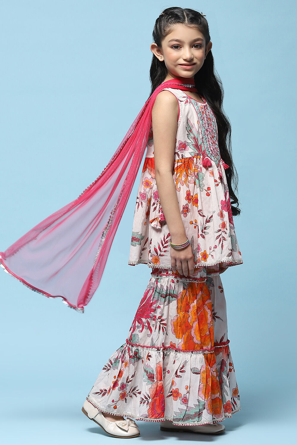 Off White Peplum Kurta With Sharara & Net Dupatta. image number 6