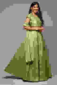 Light Green Cotton Blend Lehenga Set image number 6