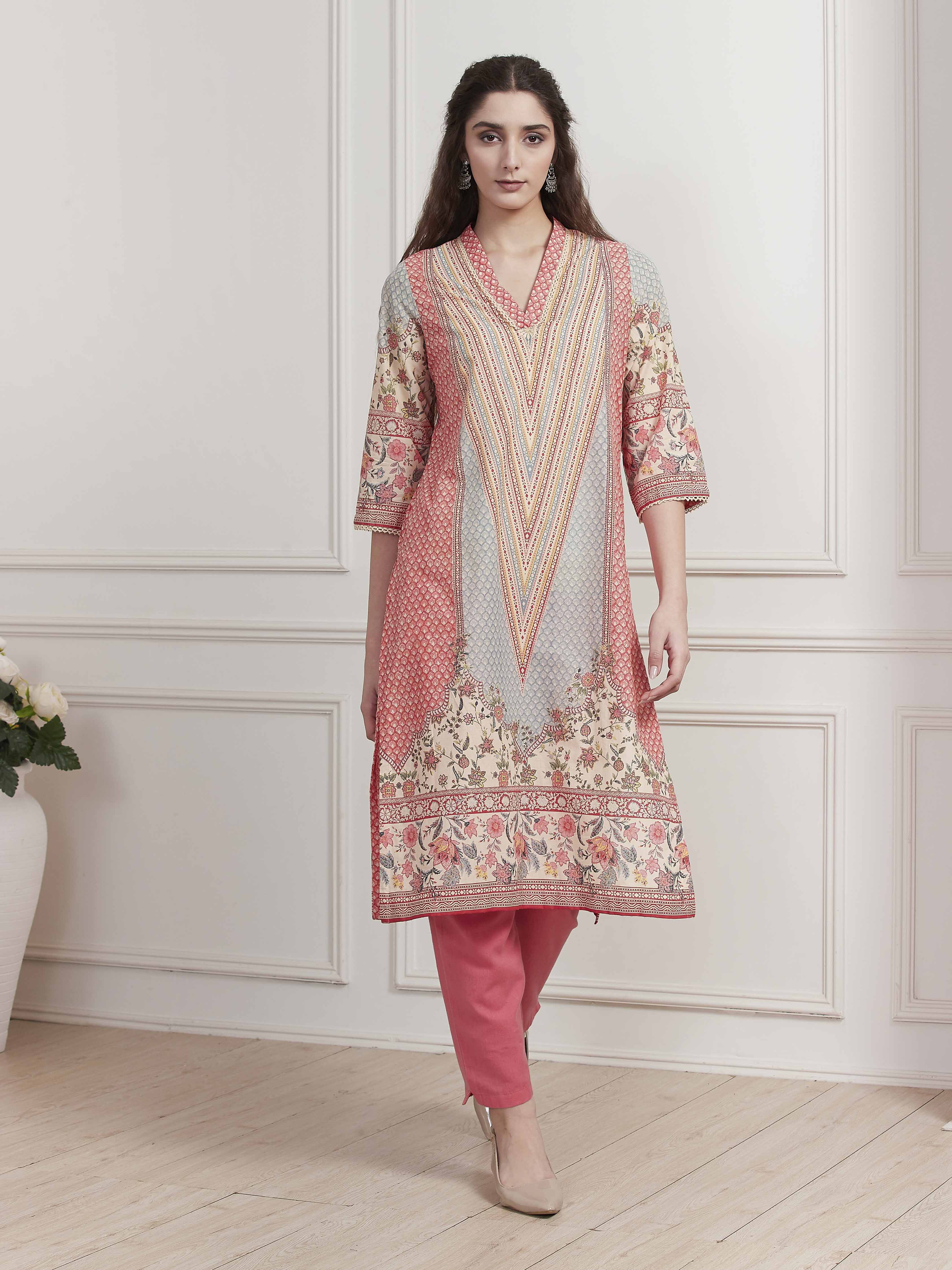 Red Cotton Printed Straight Kurta image number 5