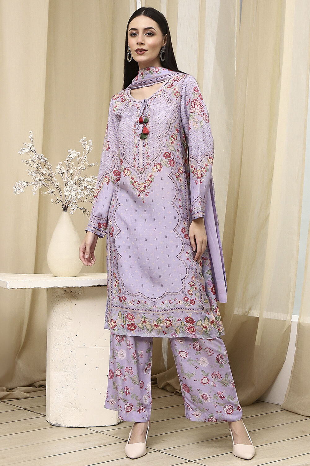 Purple Modal Blend Straight Suit Set image number 6