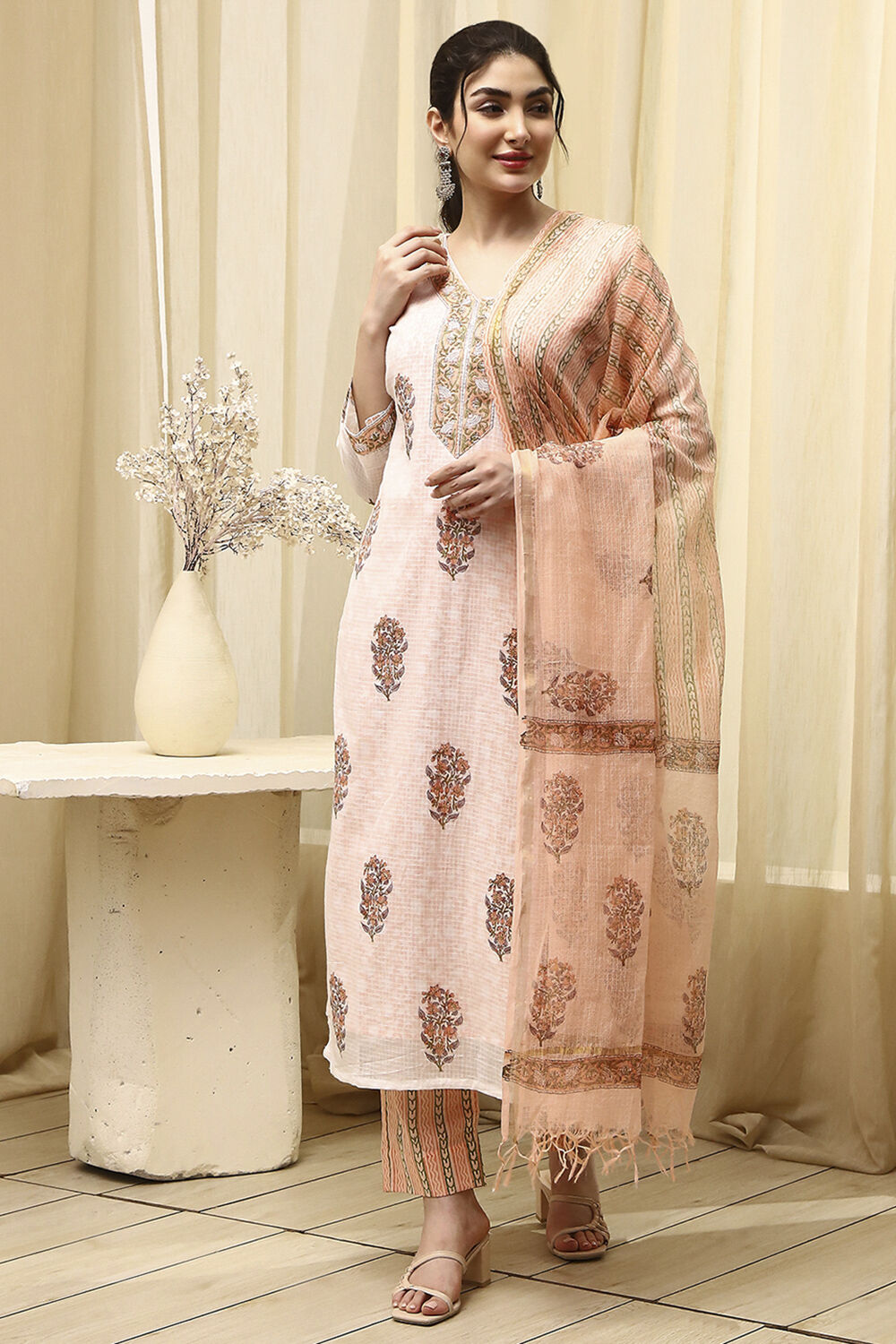 Blue Cotton Hand Block Print Unstitched Suit Set image number 1