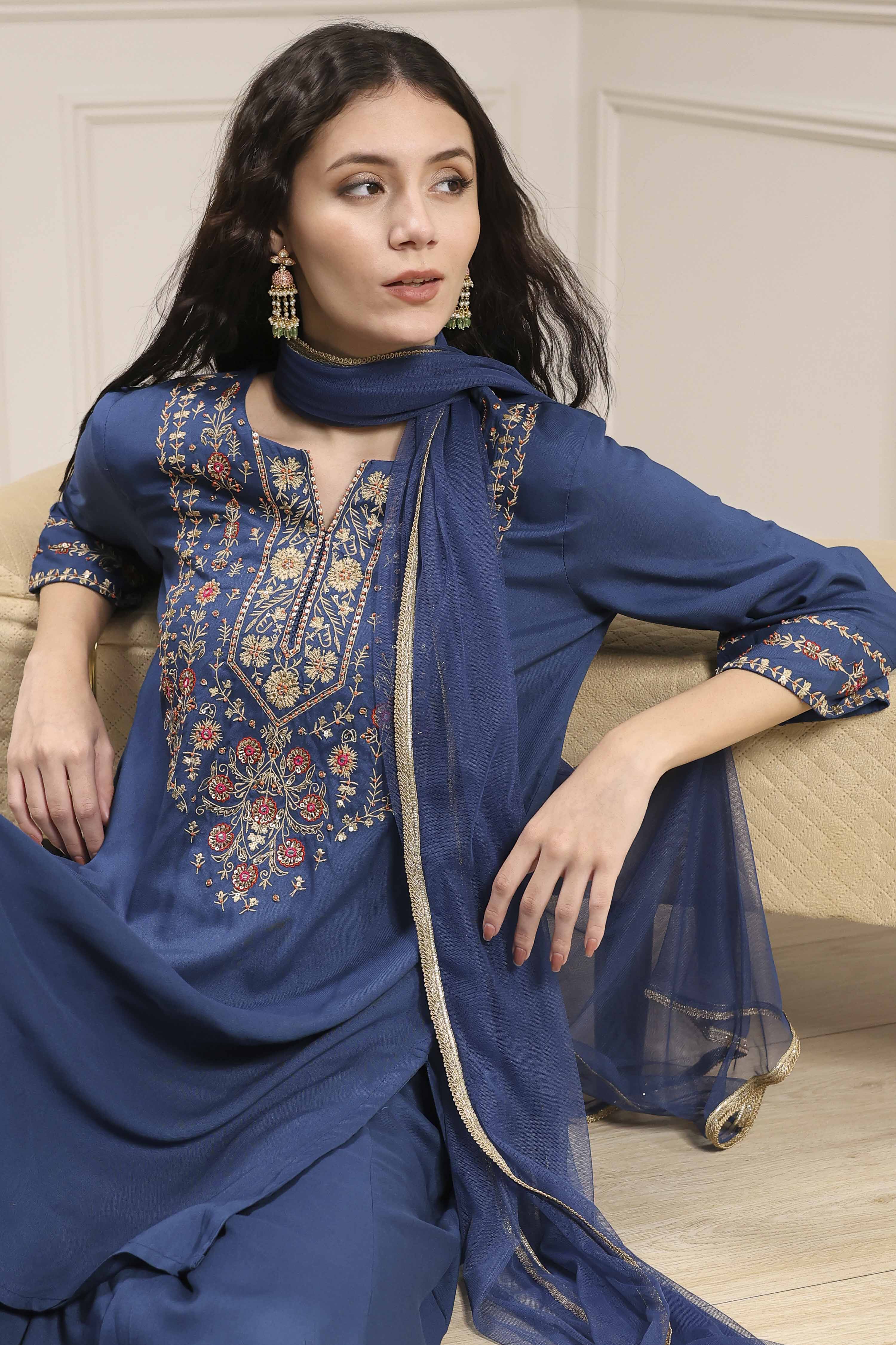 Navy Blue Embroidered Straight Suit Set image number 7