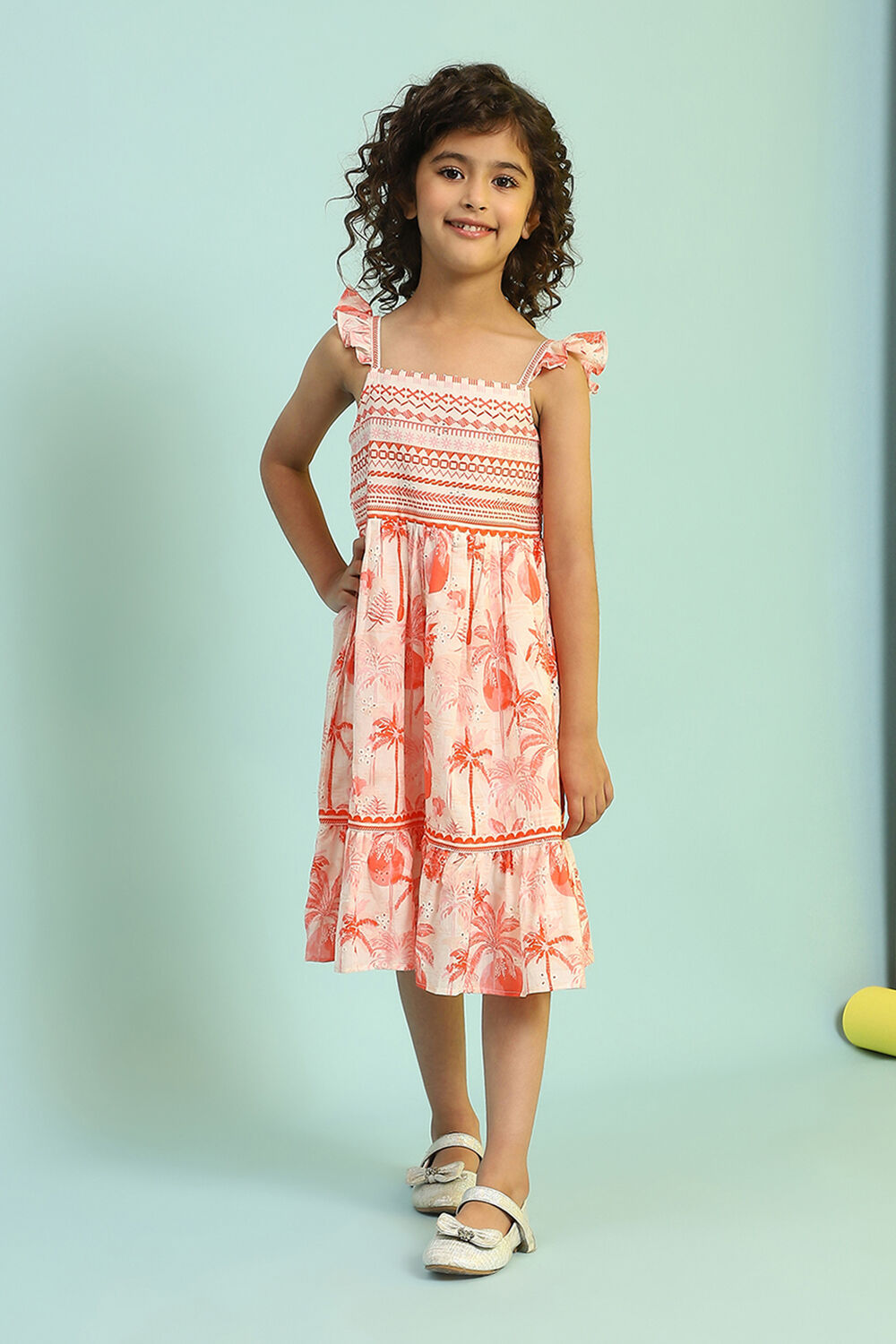 White and Orange Cotton Schiffli Tiered Dress image number 5