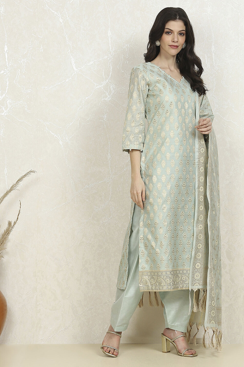 Blue Cotton Printed Embroidered Unstitched Suit Set image number 6