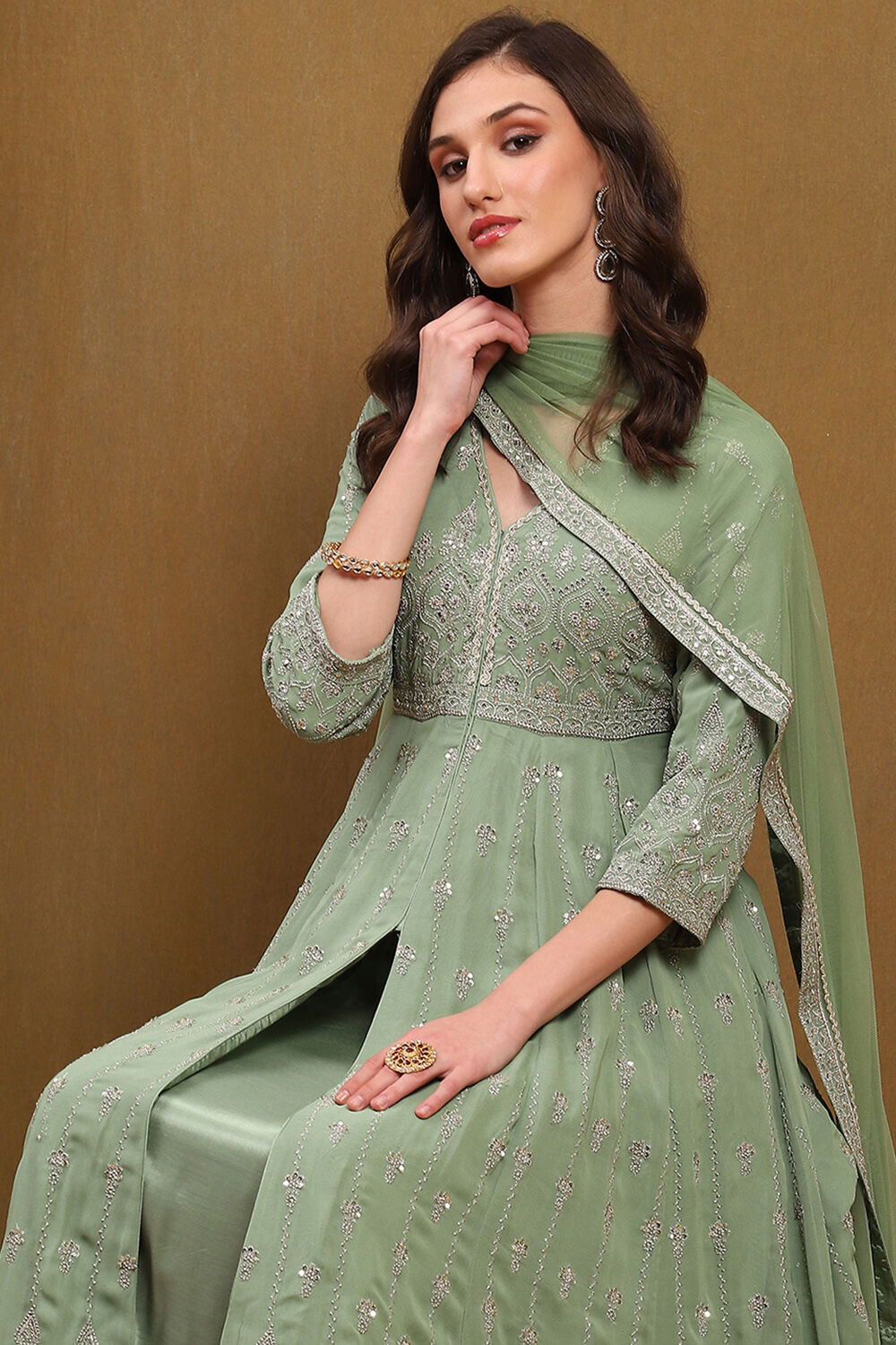 Green Viscose Georgette Embroidered Anarkali Suit Set image number 7