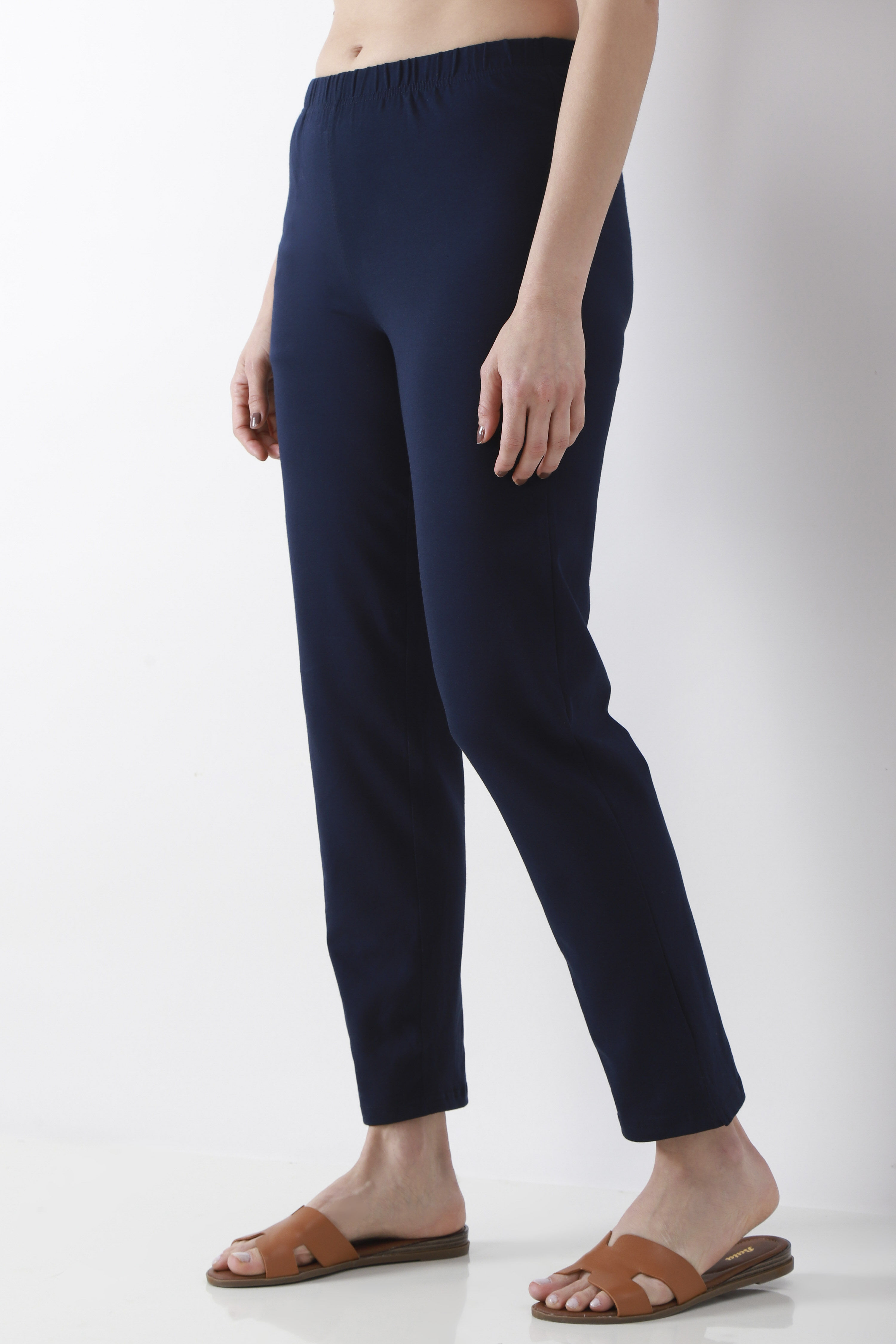 Navy Blue Solid Cotton Lycra Straight Pants image number 2