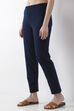 Navy Blue Solid Cotton Lycra Straight Pants image number 2