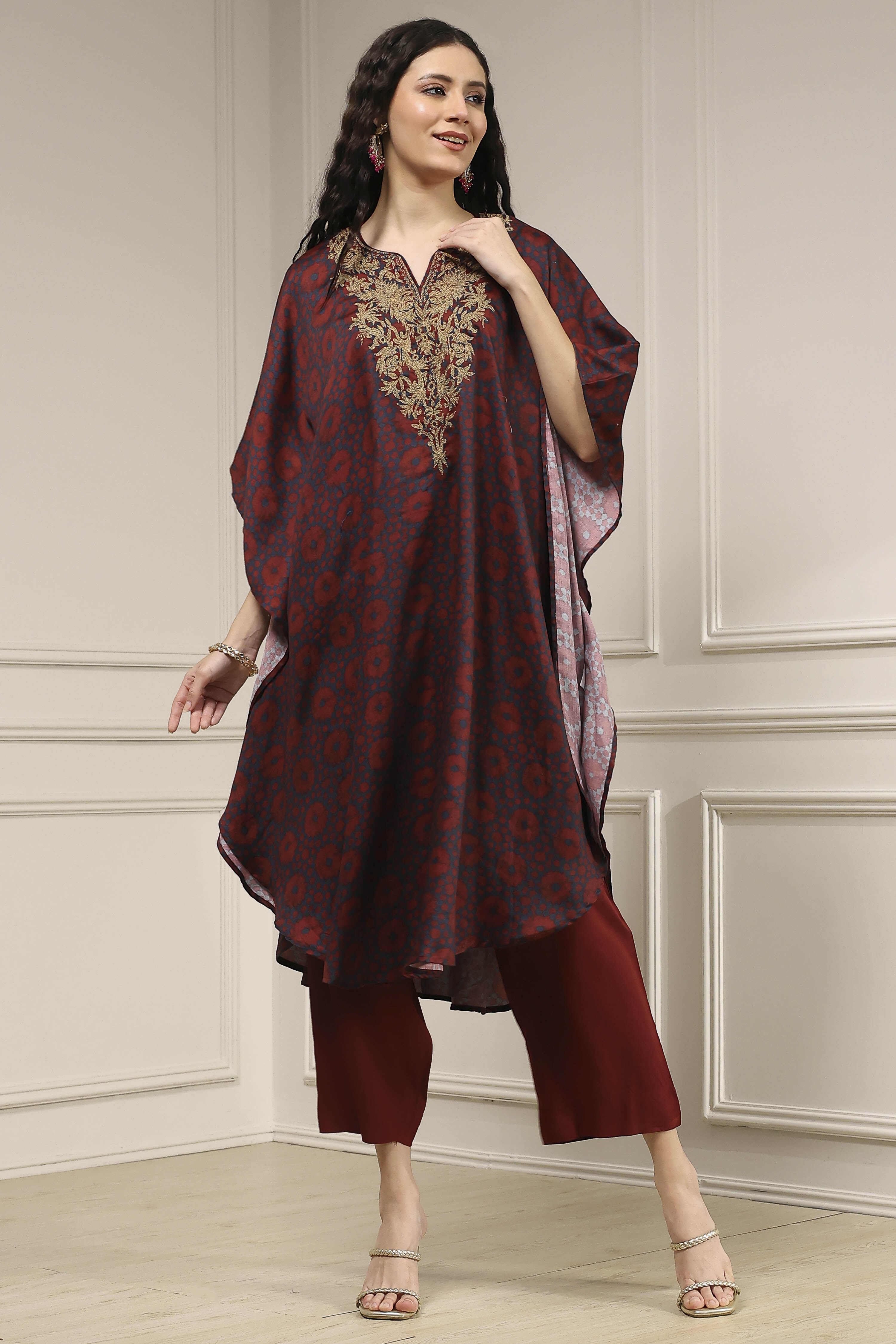Blue and Brown Satin Printed Kaftan-Style Kurta Set image number 6