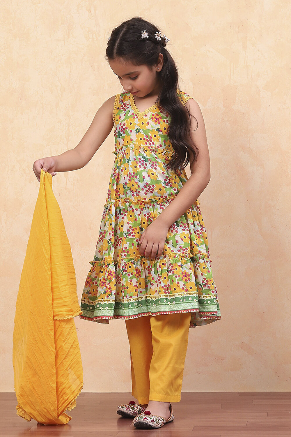 Yellow Pure Cotton Floral Printed Tiered Suit Set image number 0