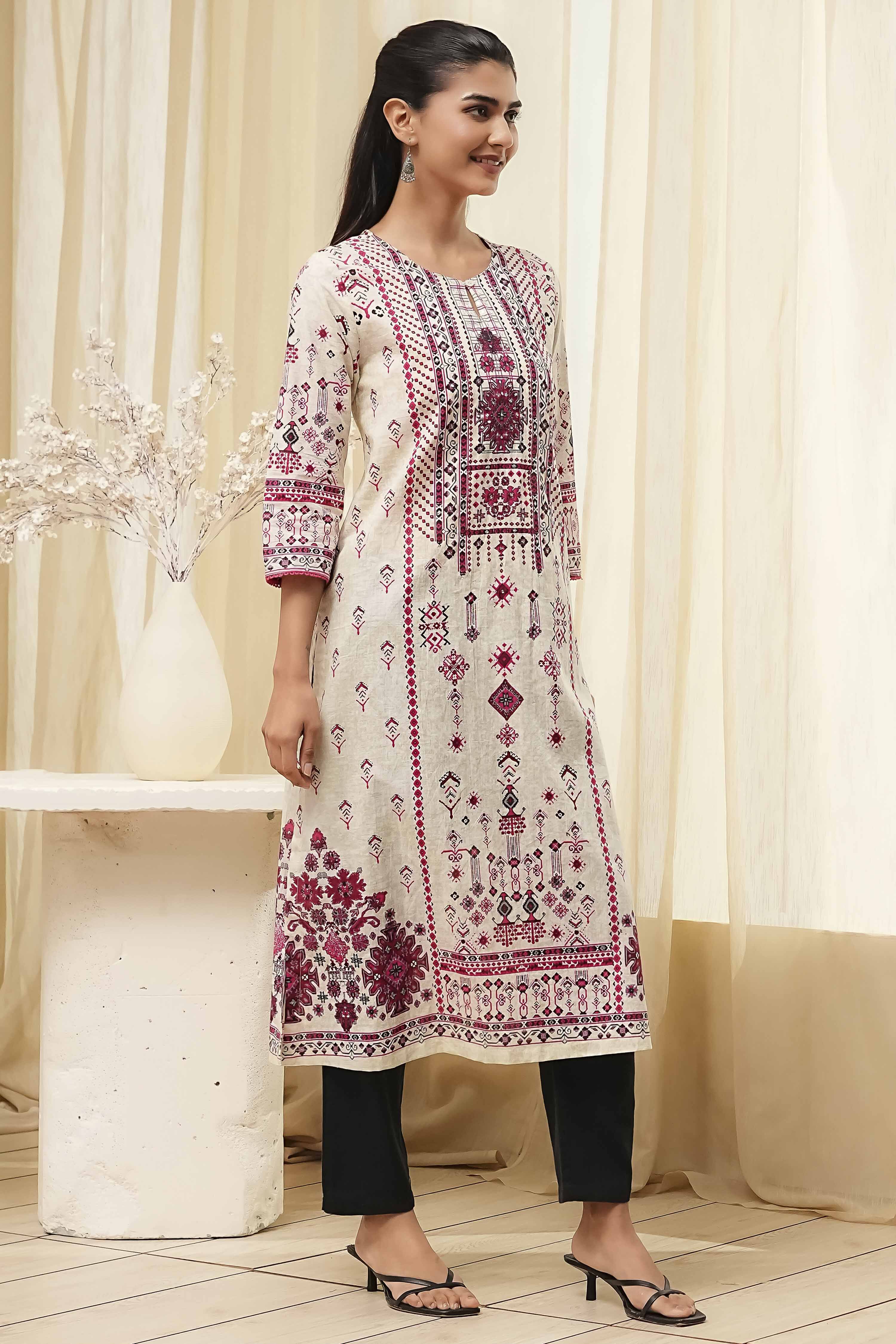 Off-White and Blue Cotton Straight Kurta image number 4