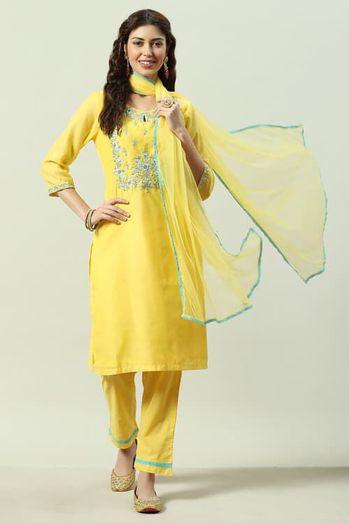 Yellow Cotton Blend A-Line Kurta Pants Suit Set image number 0