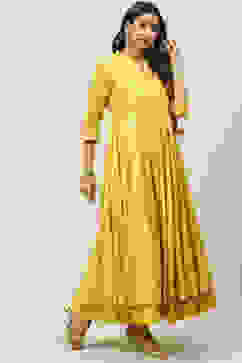 Ochre Cotton Flared Fusion Printed Dress image number 3