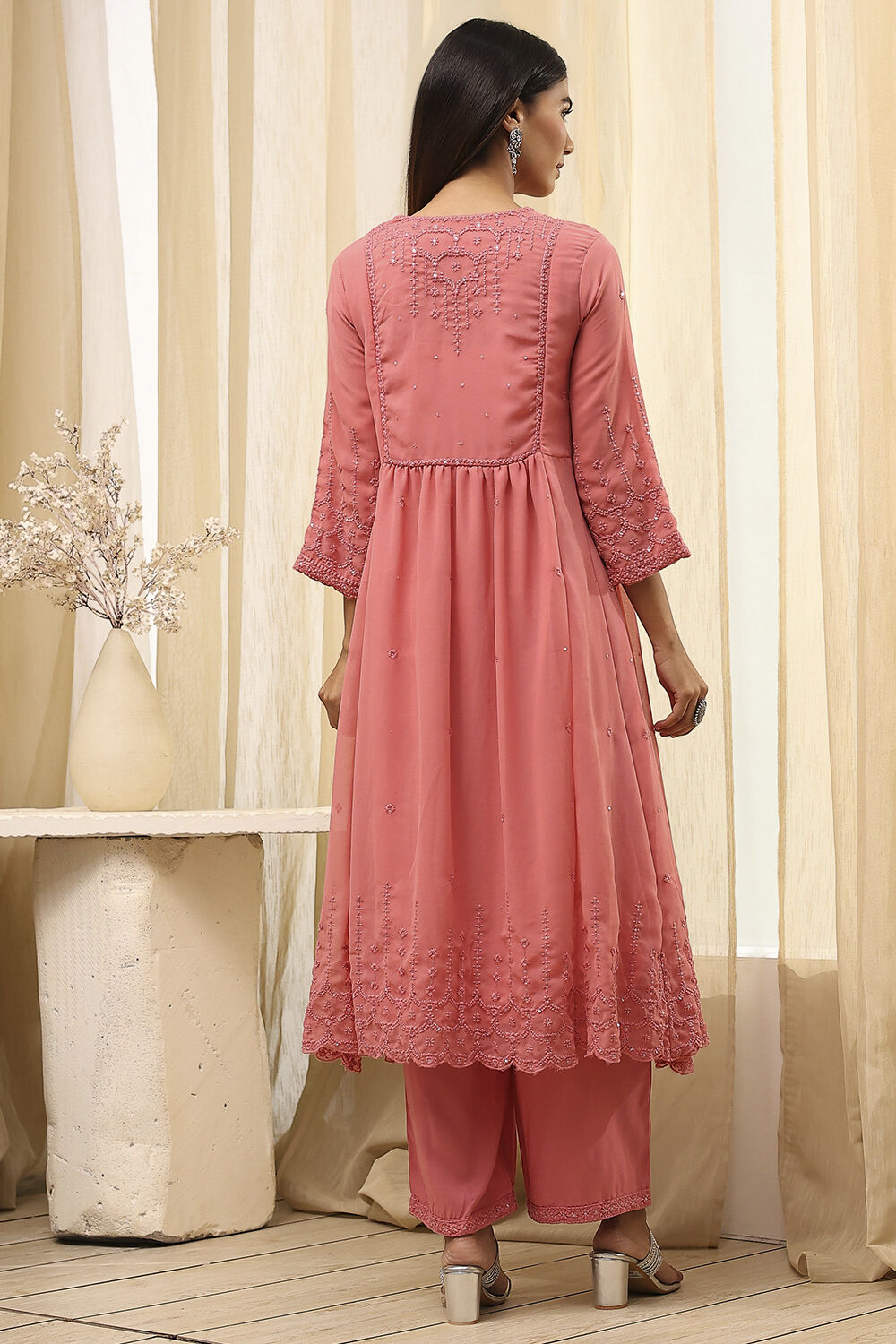 Pink Embroidered Flared Suit Set image number 5