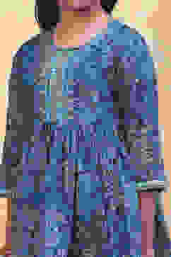 Blue Cotton Floral Printed Peplum Flared Suit Set image number 1