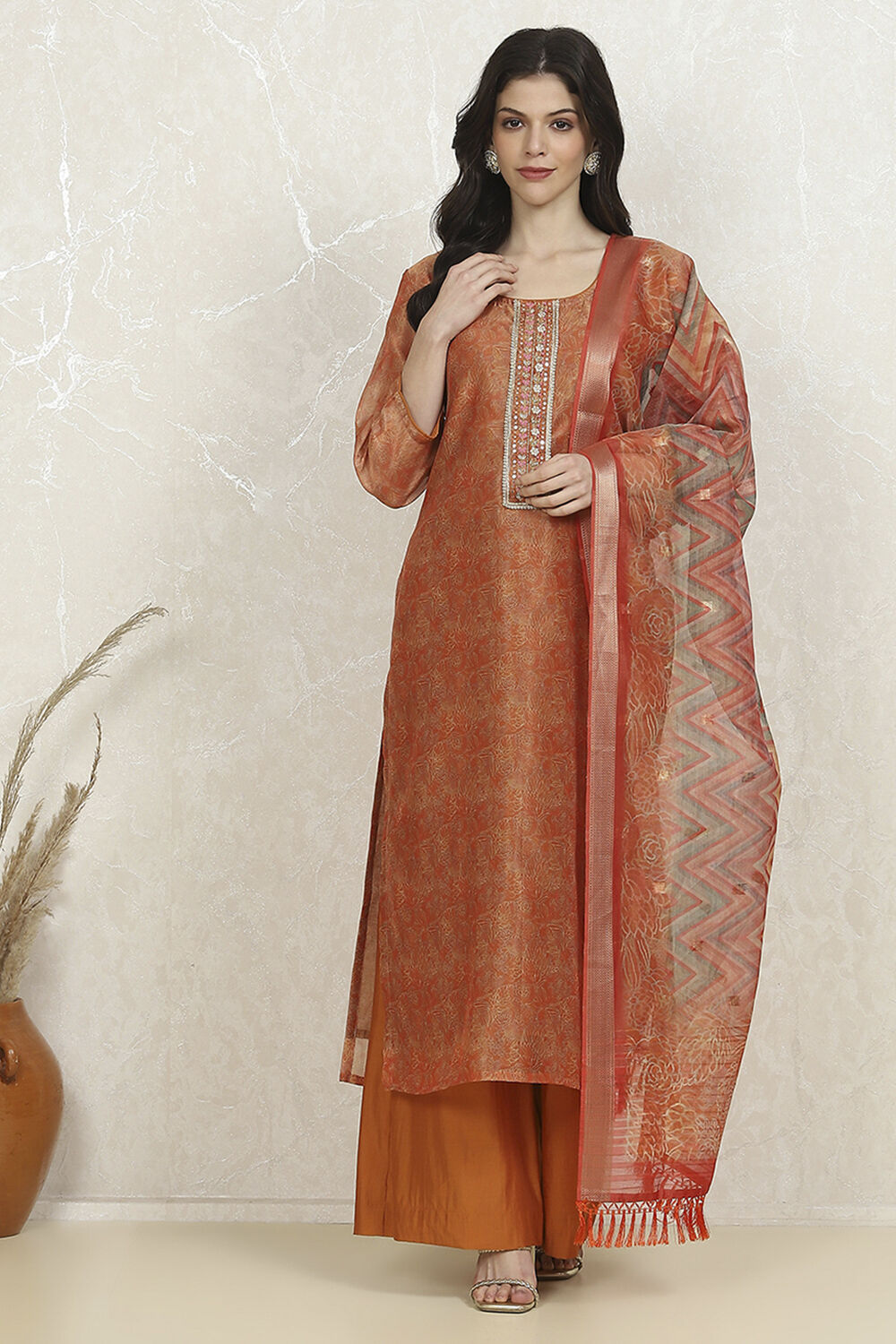Orange Cotton Printed Embroidered Unstitched Suit Set image number 7