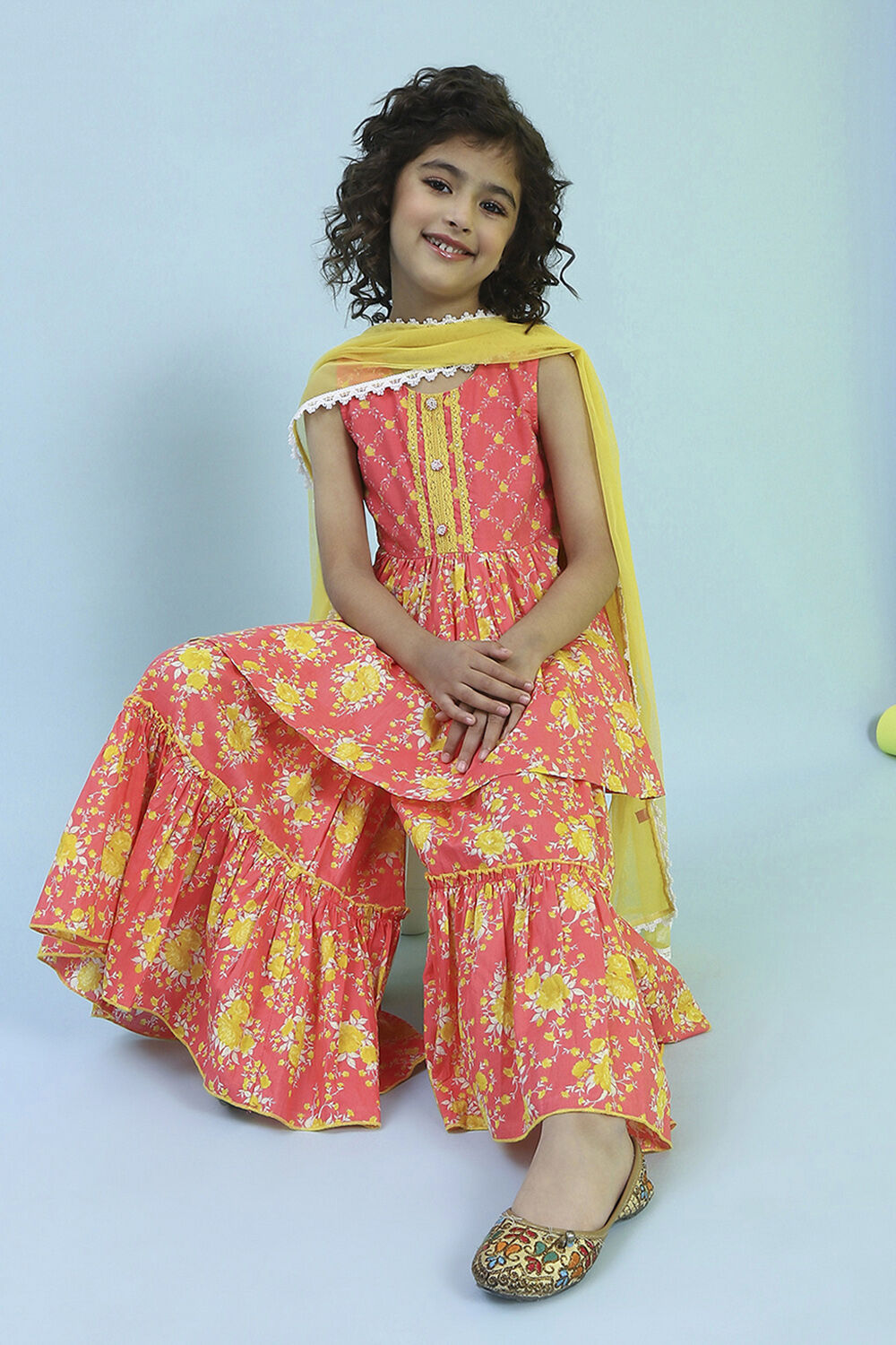 Pink Cotton Printed Gathered Suit Set image number 0